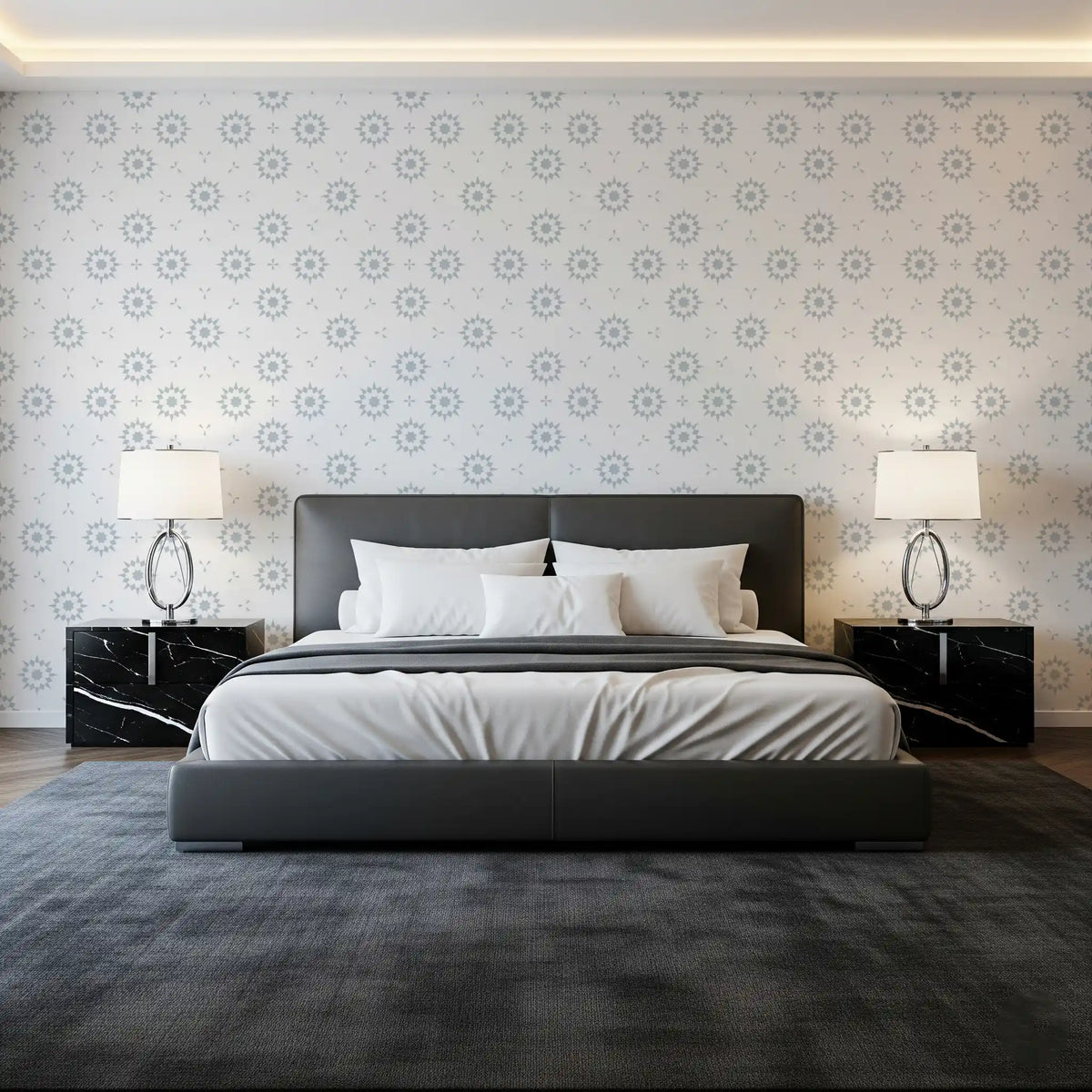 Grey starburst grid wallpaper in a modern bedroom with a dark bed GD12496