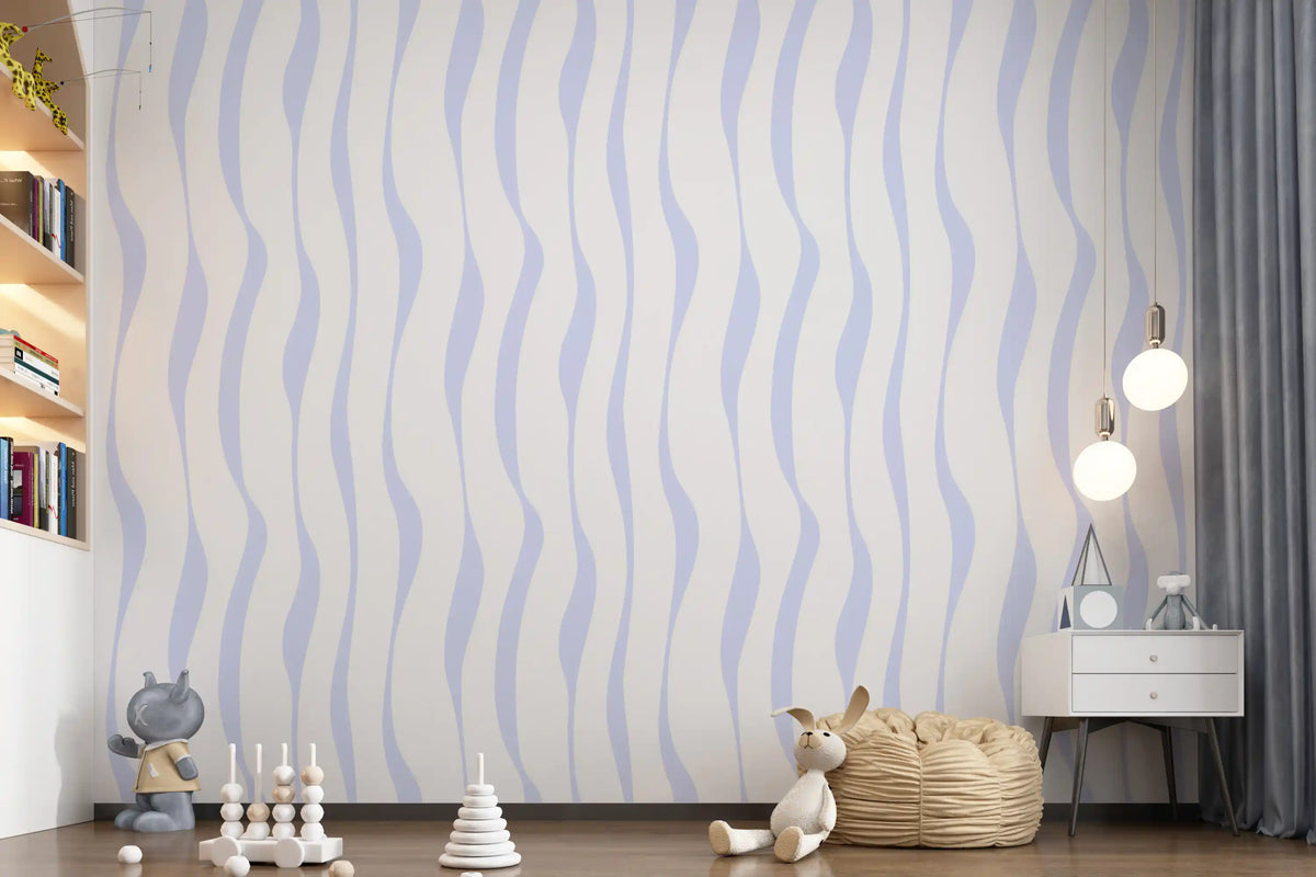 Pastel blue flowing waves wallpaper in a cosy nursery corner GD12498