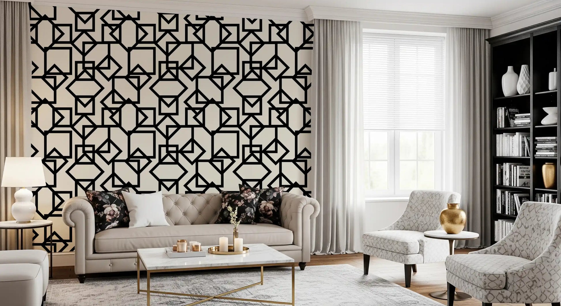 Interlocking Geometric Linear Monotone Wallpaper⁠
