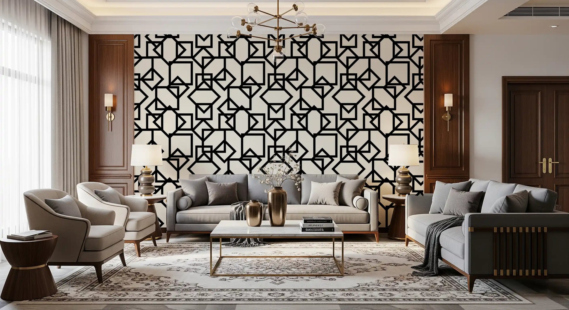 Interlocking Geometric Linear Monotone Wallpaper⁠