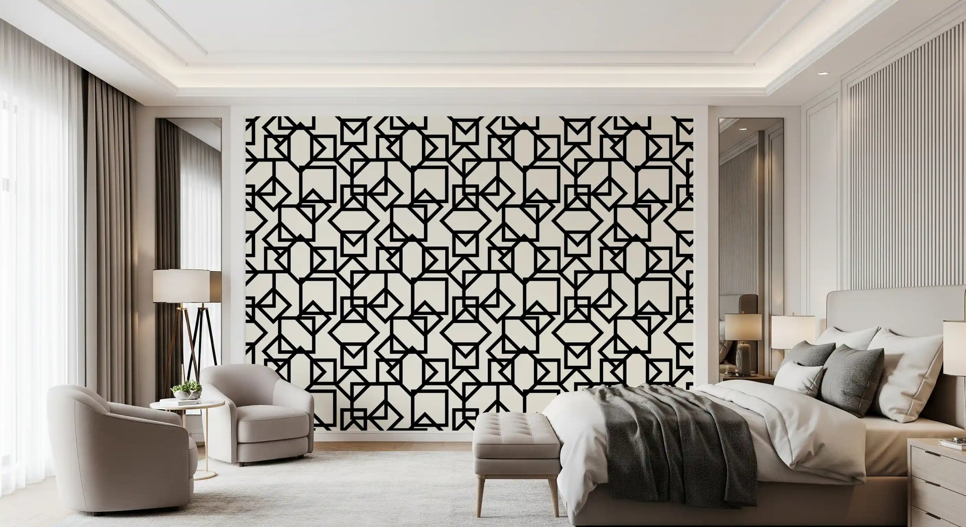 Interlocking Geometric Linear Monotone Wallpaper⁠