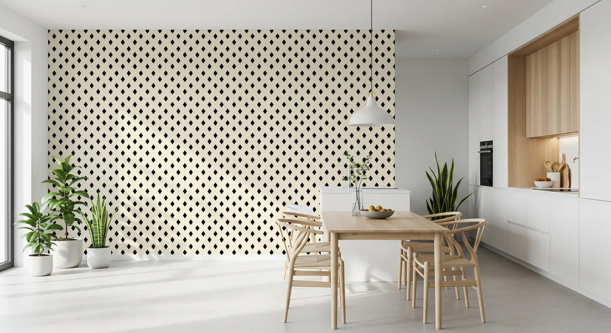 Black and cream diamond grid wallpaper in an open dining and kitchen space GD12501