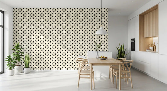 Black and cream diamond grid wallpaper in an open dining and kitchen space GD12501