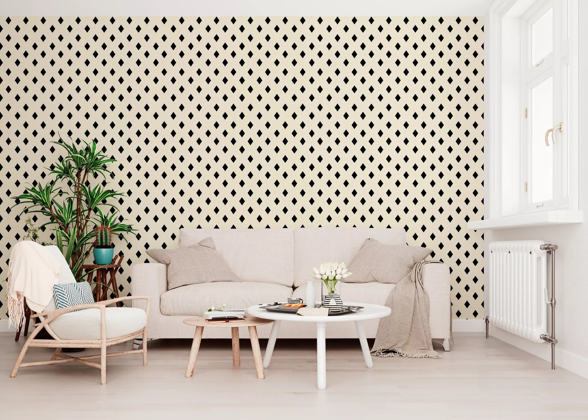 Minimalist Black and Cream Diamond Grid Wallpaper⁠