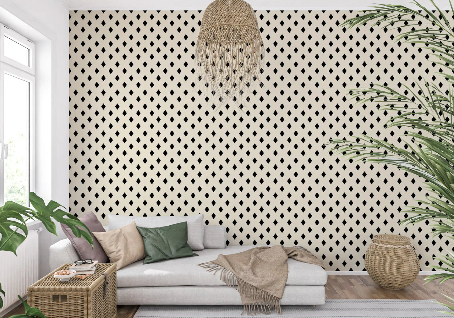 Minimalist Black and Cream Diamond Grid Wallpaper⁠