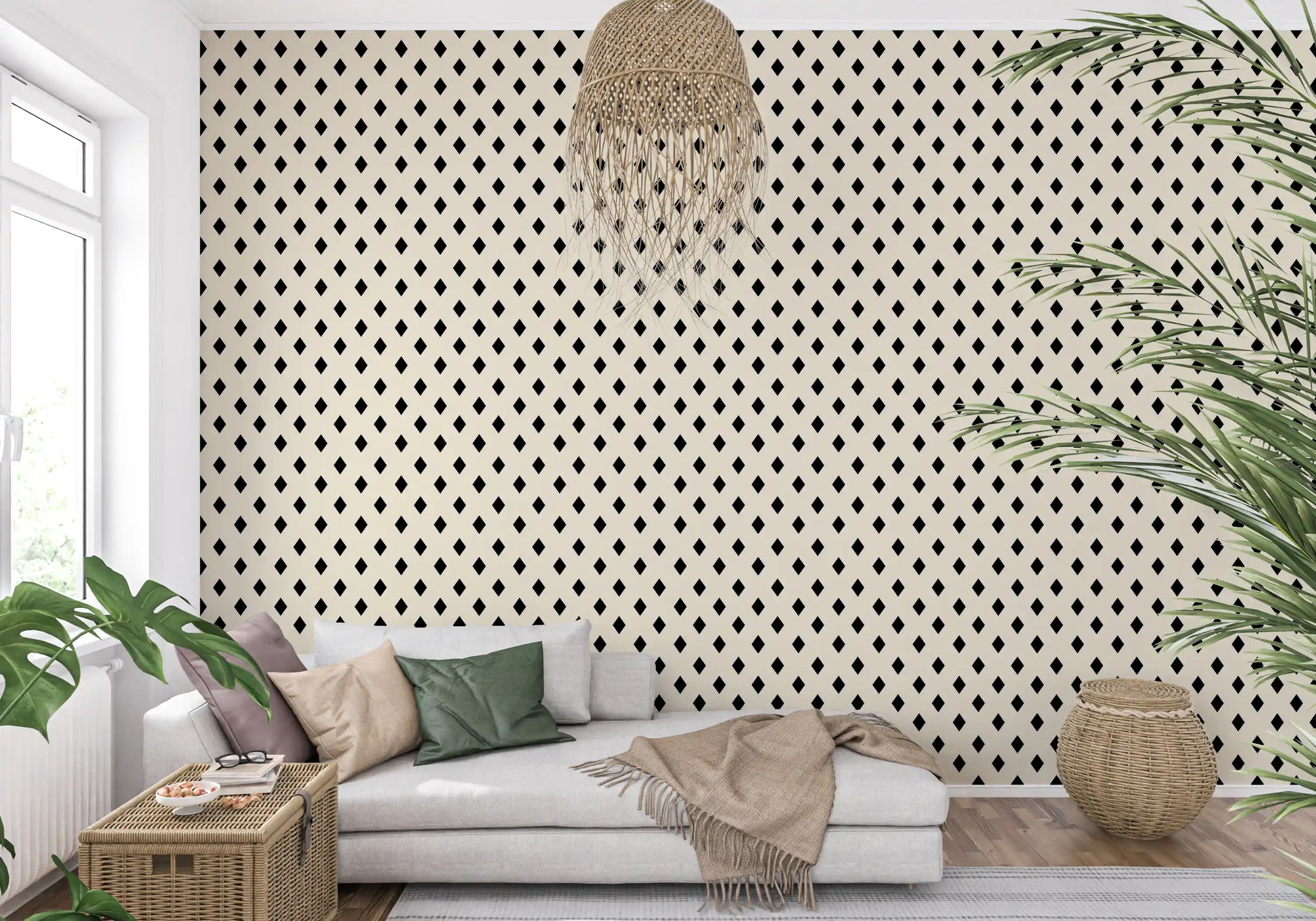 Minimalist Black and Cream Diamond Grid Wallpaper⁠