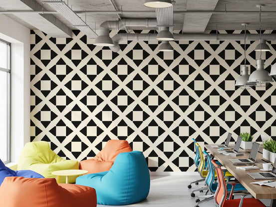 Black and white lattice wallpaper in a creative studio with colourful bean bags GD12504