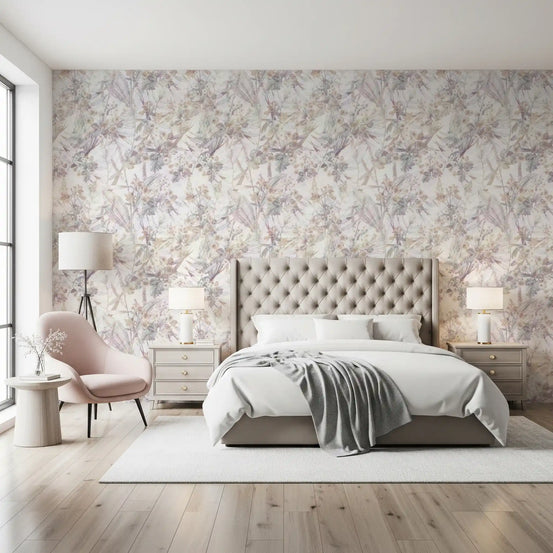 Pastel botanical bloom wallpaper in a serene bedroom with a pink accent chair GD12505