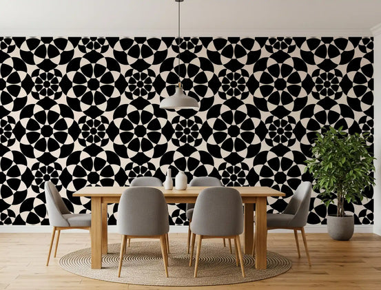 Black and white geometric wallpaper in a modern dining room with wood table GD12506