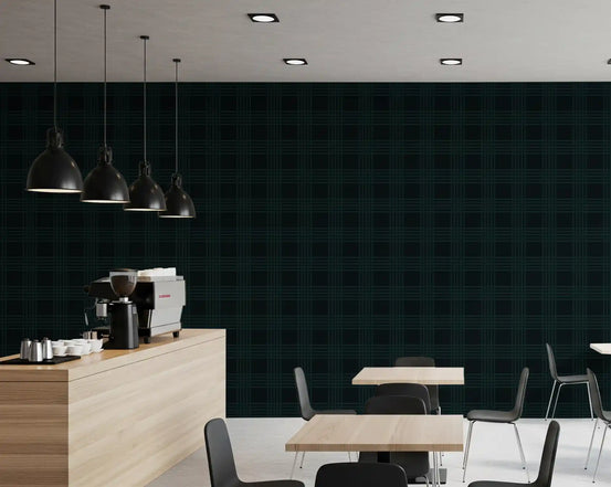 Dark green grid wallpaper behind a coffee bar with black pendant lights GD12508