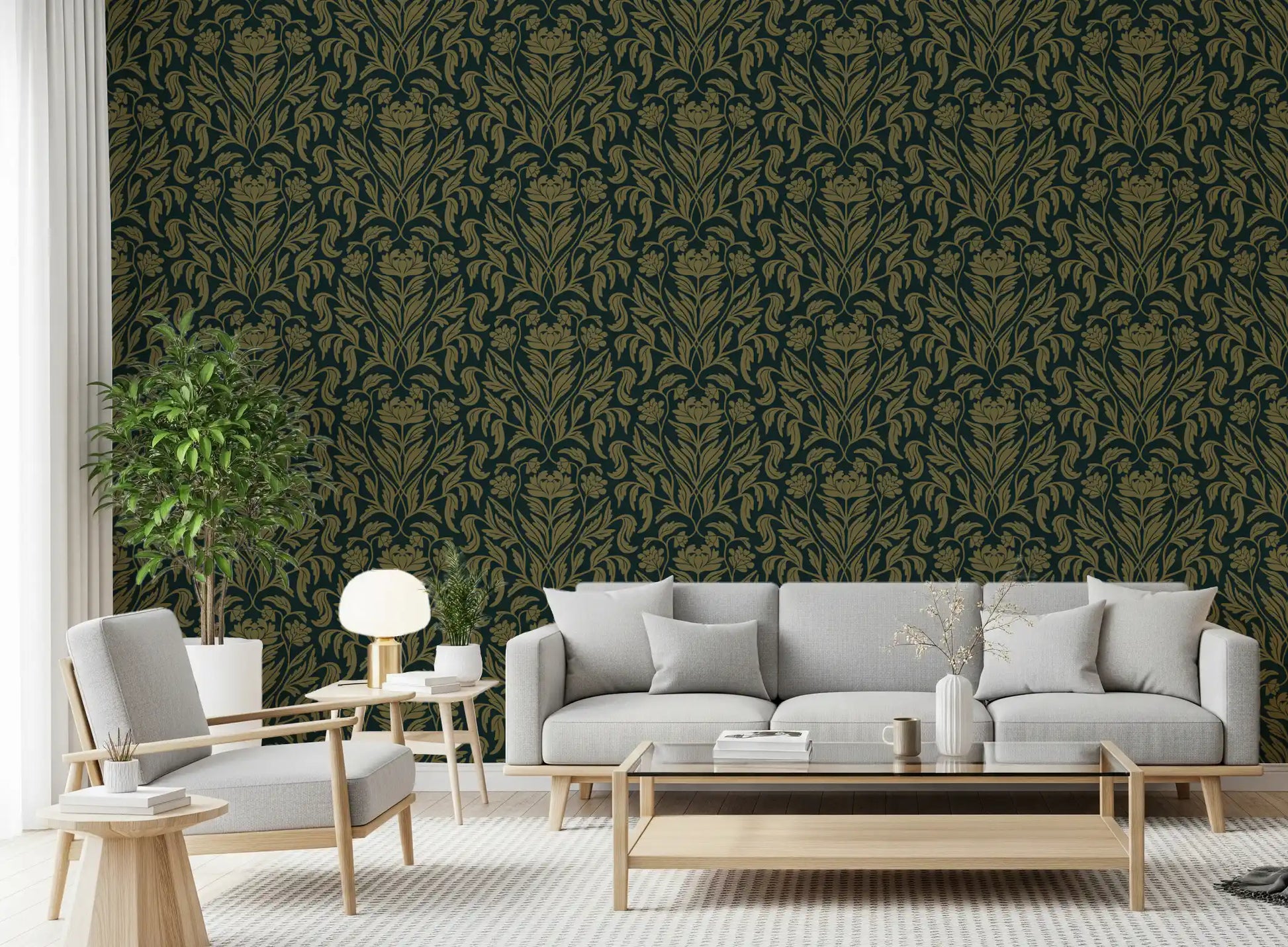 Art Nouveau Old Green Botanical Damask Wallpaper⁠