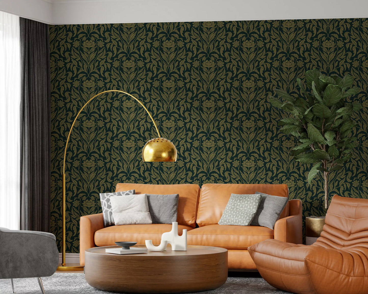 Art Nouveau Old Green Botanical Damask Wallpaper⁠