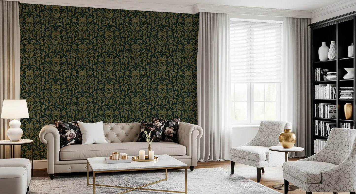 Art Nouveau Old Green Botanical Damask Wallpaper⁠