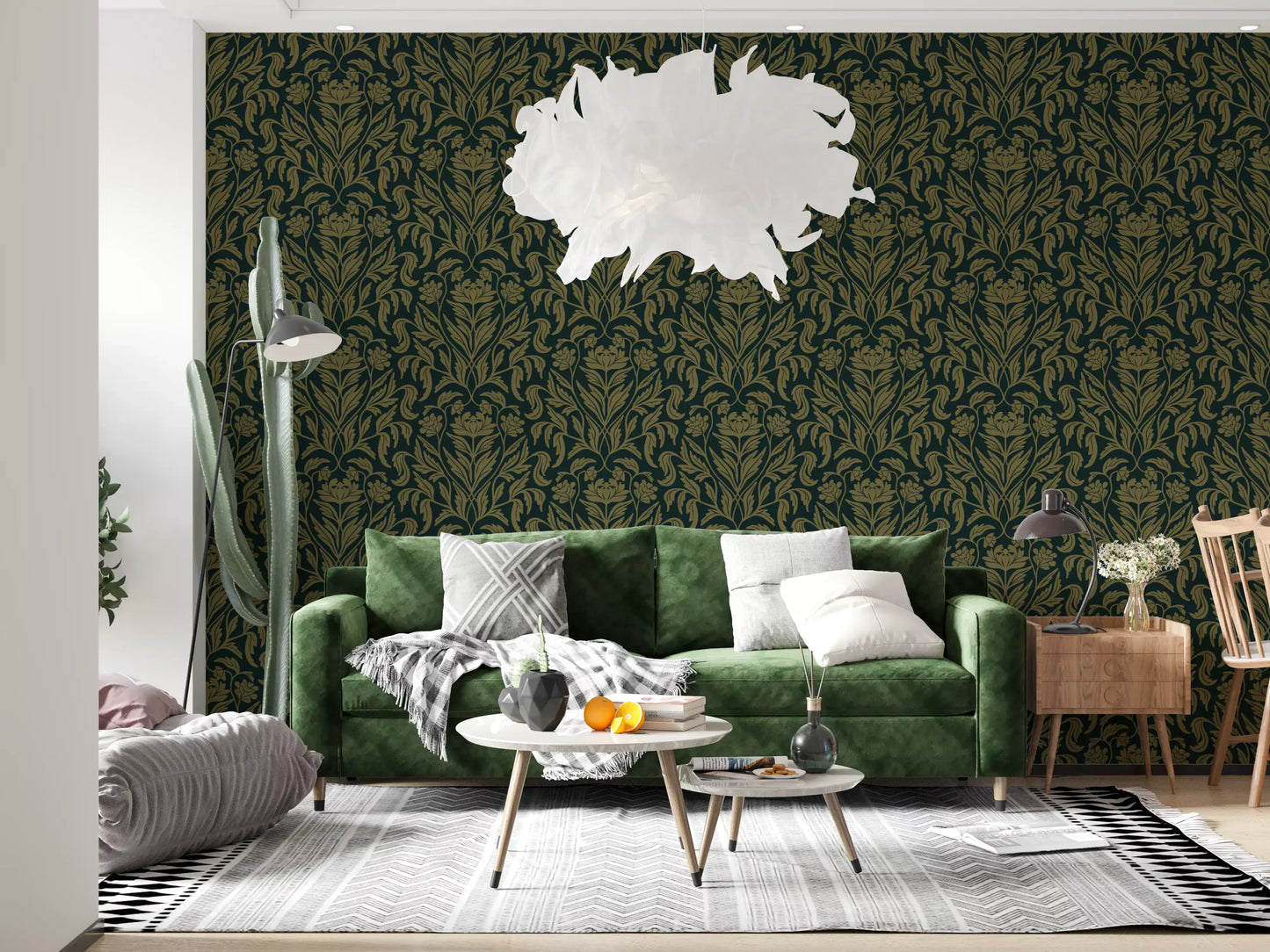 Art Nouveau Old Green Botanical Damask Wallpaper⁠