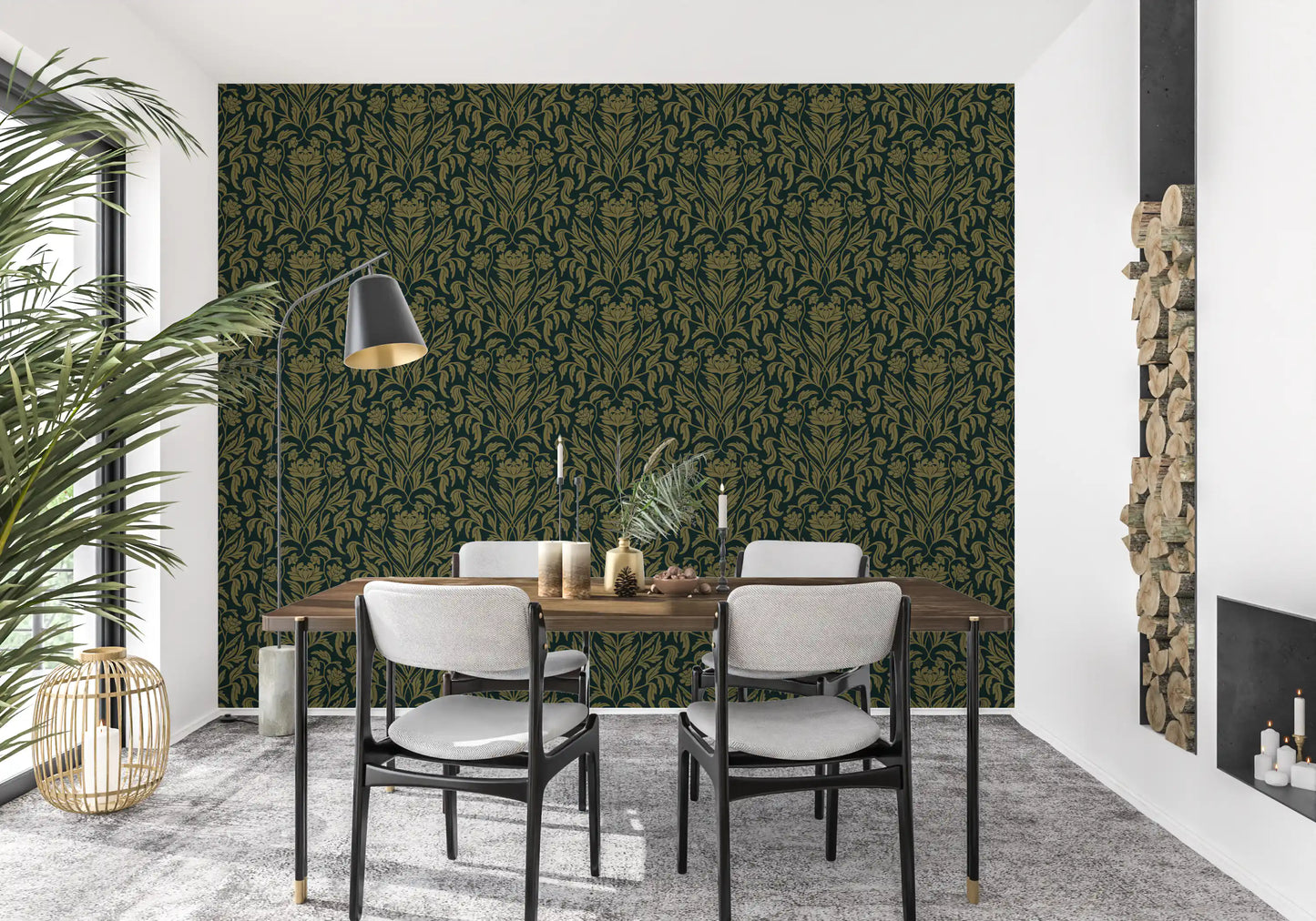 Art Nouveau Old Green Botanical Damask Wallpaper⁠
