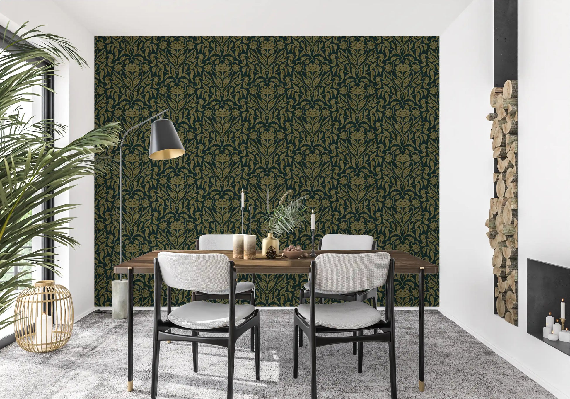 Art Nouveau Old Green Botanical Damask Wallpaper⁠