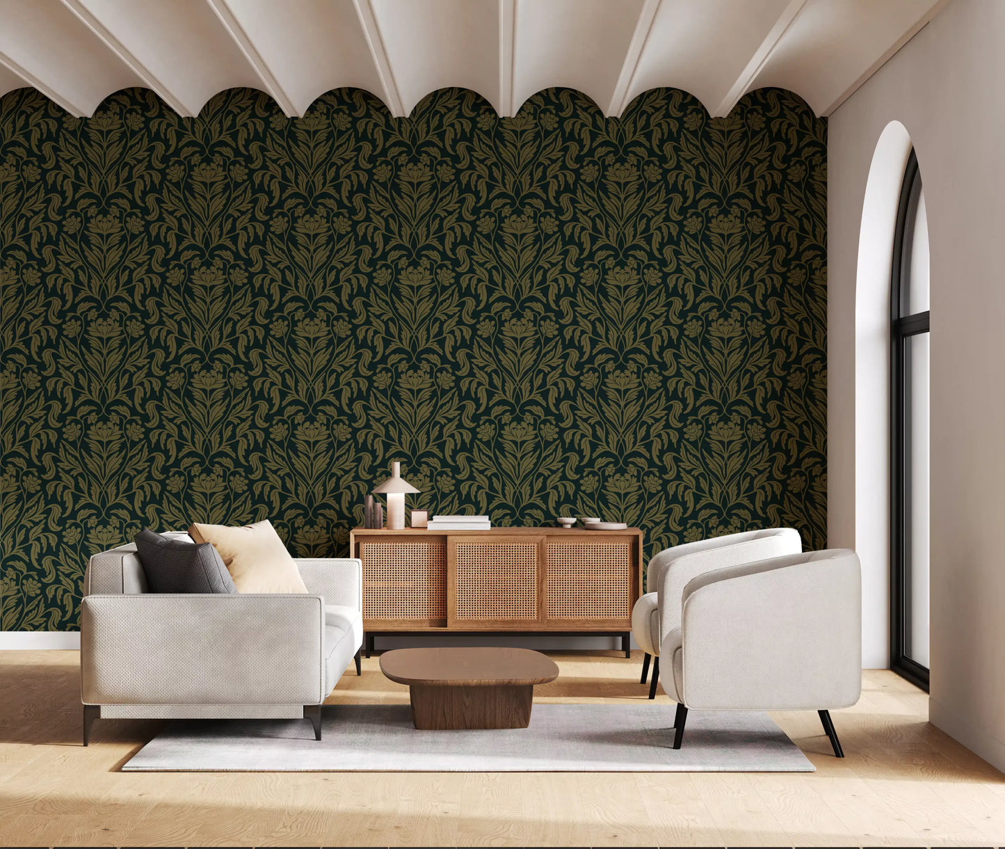 Art Nouveau Old Green Botanical Damask Wallpaper⁠