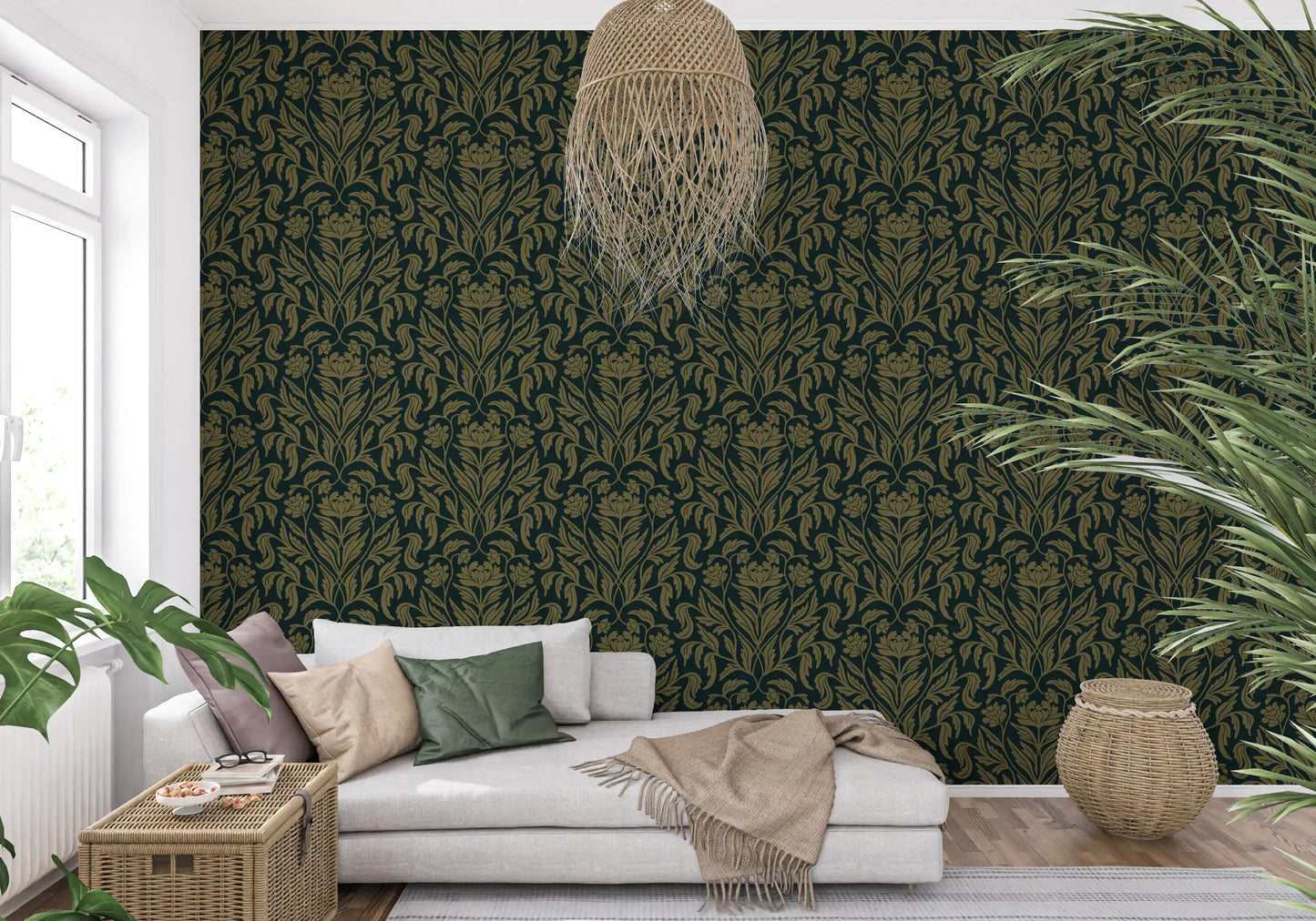 Art Nouveau Old Green Botanical Damask Wallpaper⁠