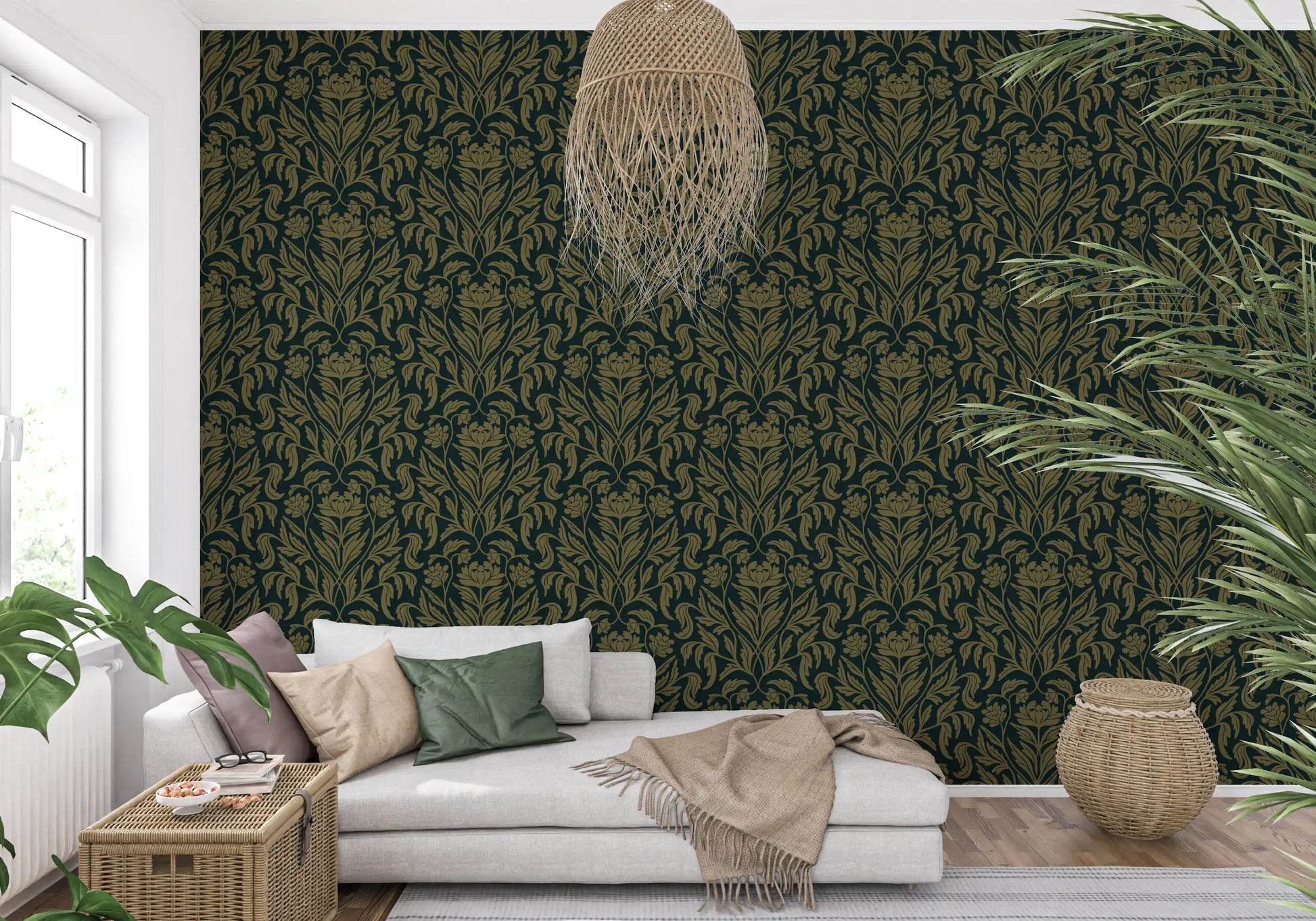 Art Nouveau Old Green Botanical Damask Wallpaper⁠