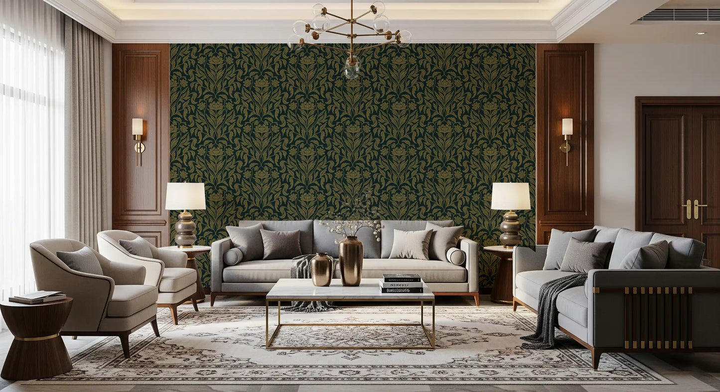 Art Nouveau Old Green Botanical Damask Wallpaper⁠