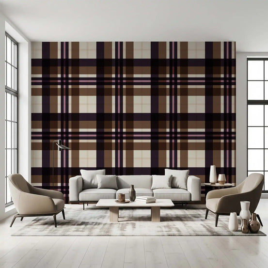 Brown tartan plaid wallpaper in a spacious living room with a grey sofa GD12510