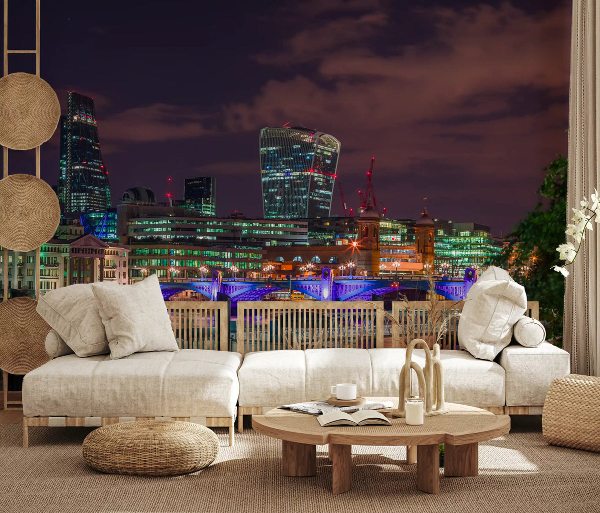 London night skyline mural behind a sofa in a living room GD12625