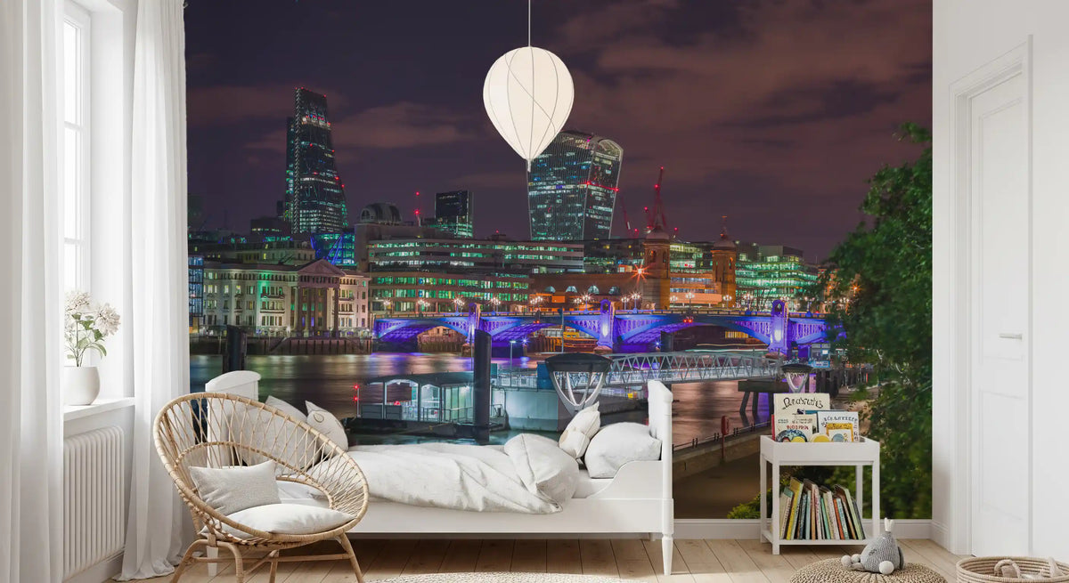 London night skyline mural in a bright bedroom GD12626