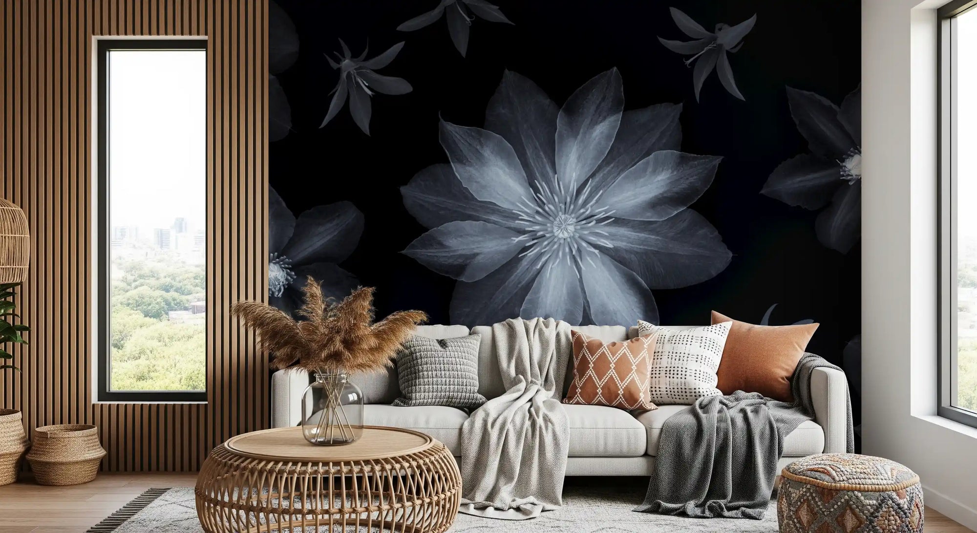 Dark floral glowing flower mural close up GD12627