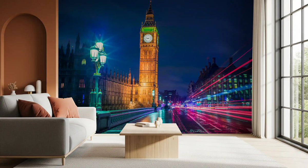 Big Ben night mural behind a sofa in a living room GD12629