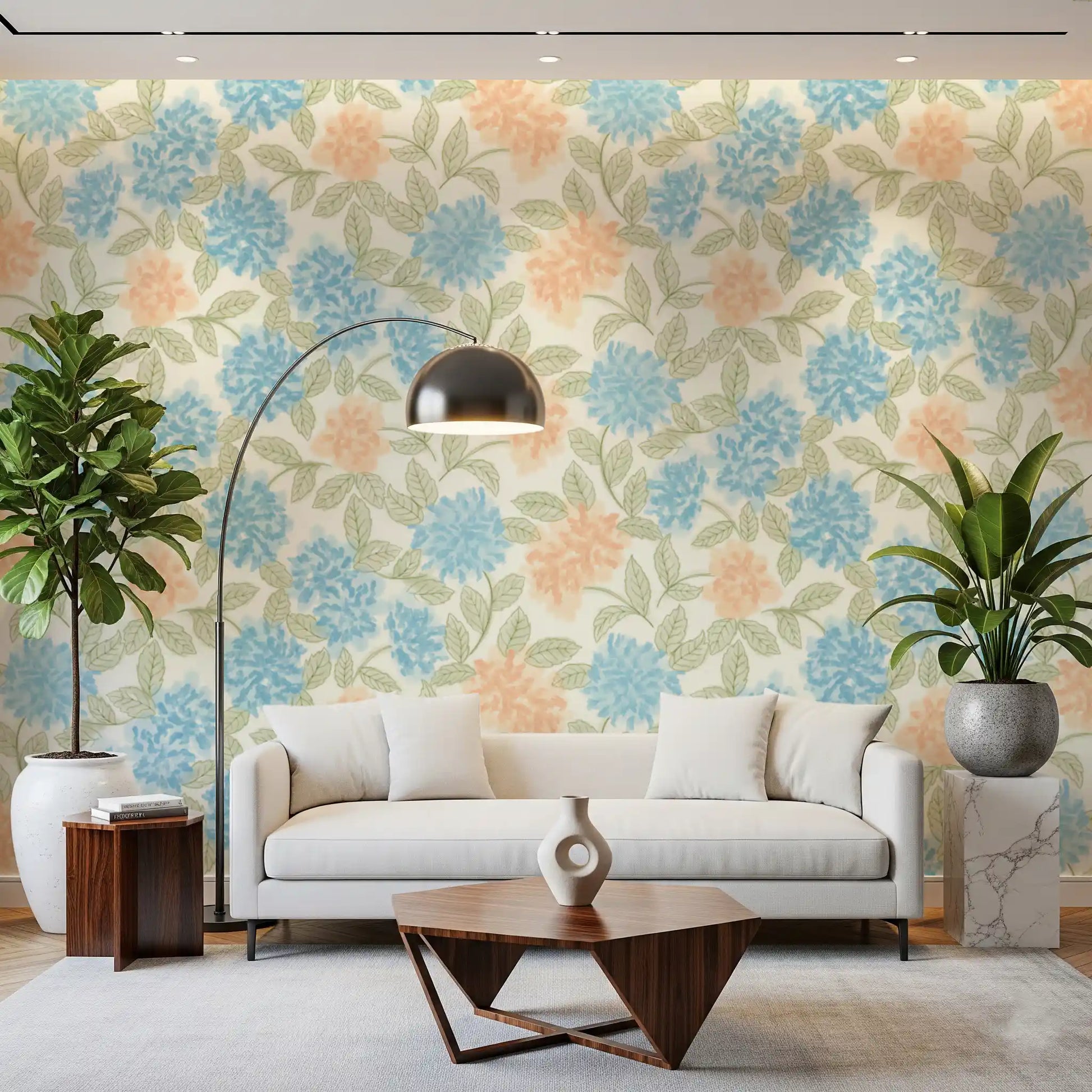 Watercolor Azure and Peach Blossoms Wallpaper⁠