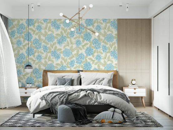 Blue hydrangea wallpaper on a bedroom feature wall behind a wooden bed GD12639