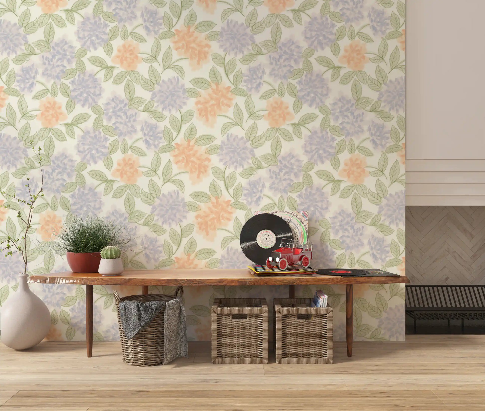 Blush and Periwinkle Garden Sketch Wallpaper⁠