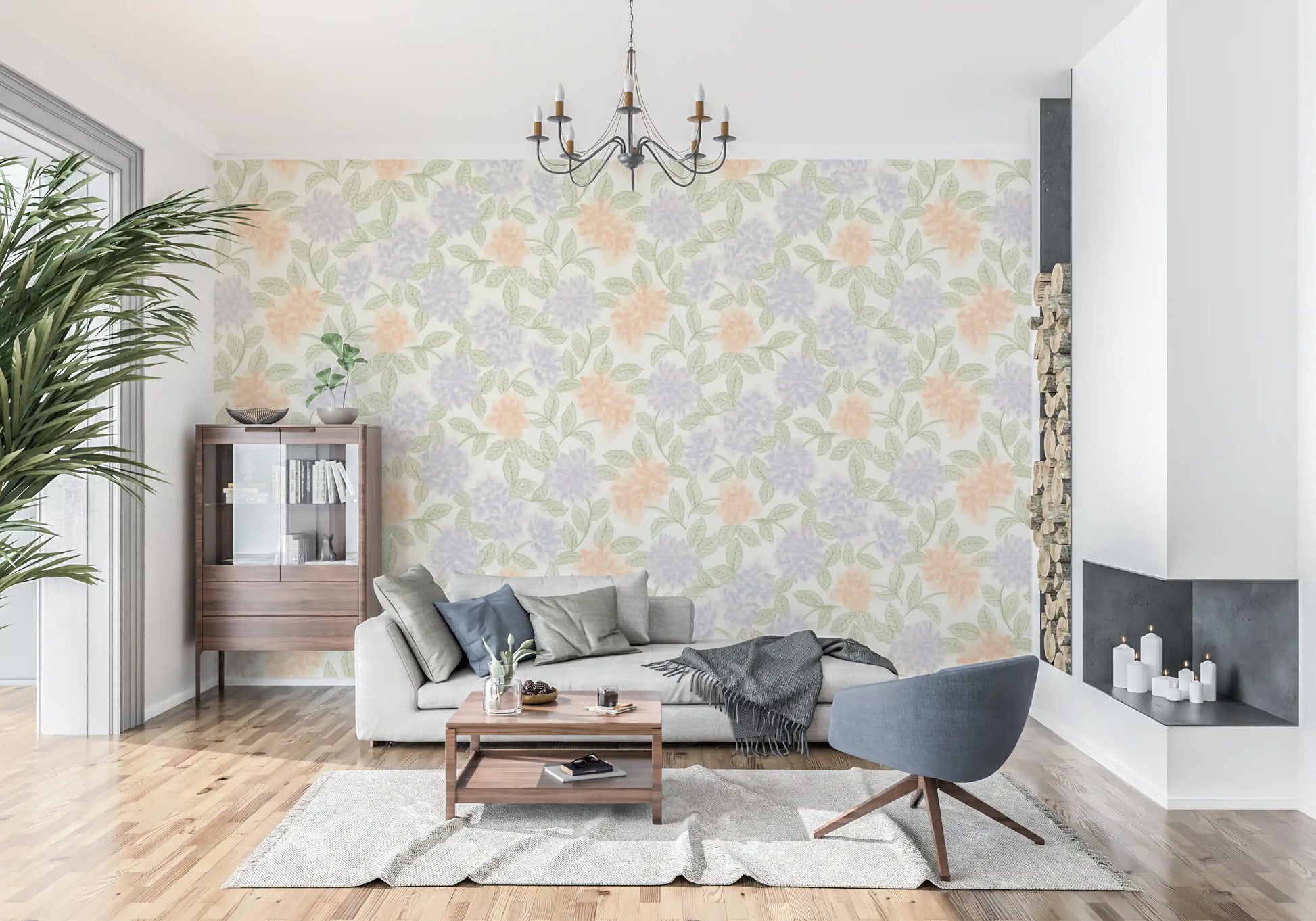 Blush and Periwinkle Garden Sketch Wallpaper⁠