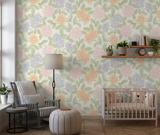 Pastel botanical sketch wallpaper in a nursery with a wooden crib and floor lamp GD12641