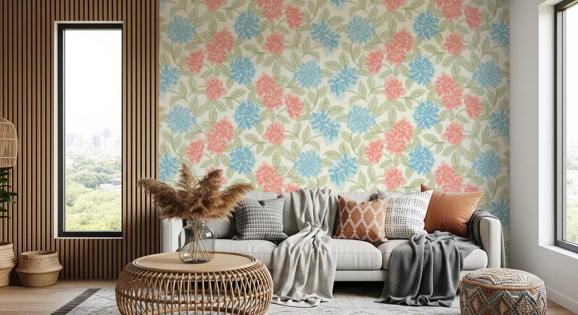 Floral garden wallpaper close-up showing hand-painted pink and blue flowers with green leaves GD12642