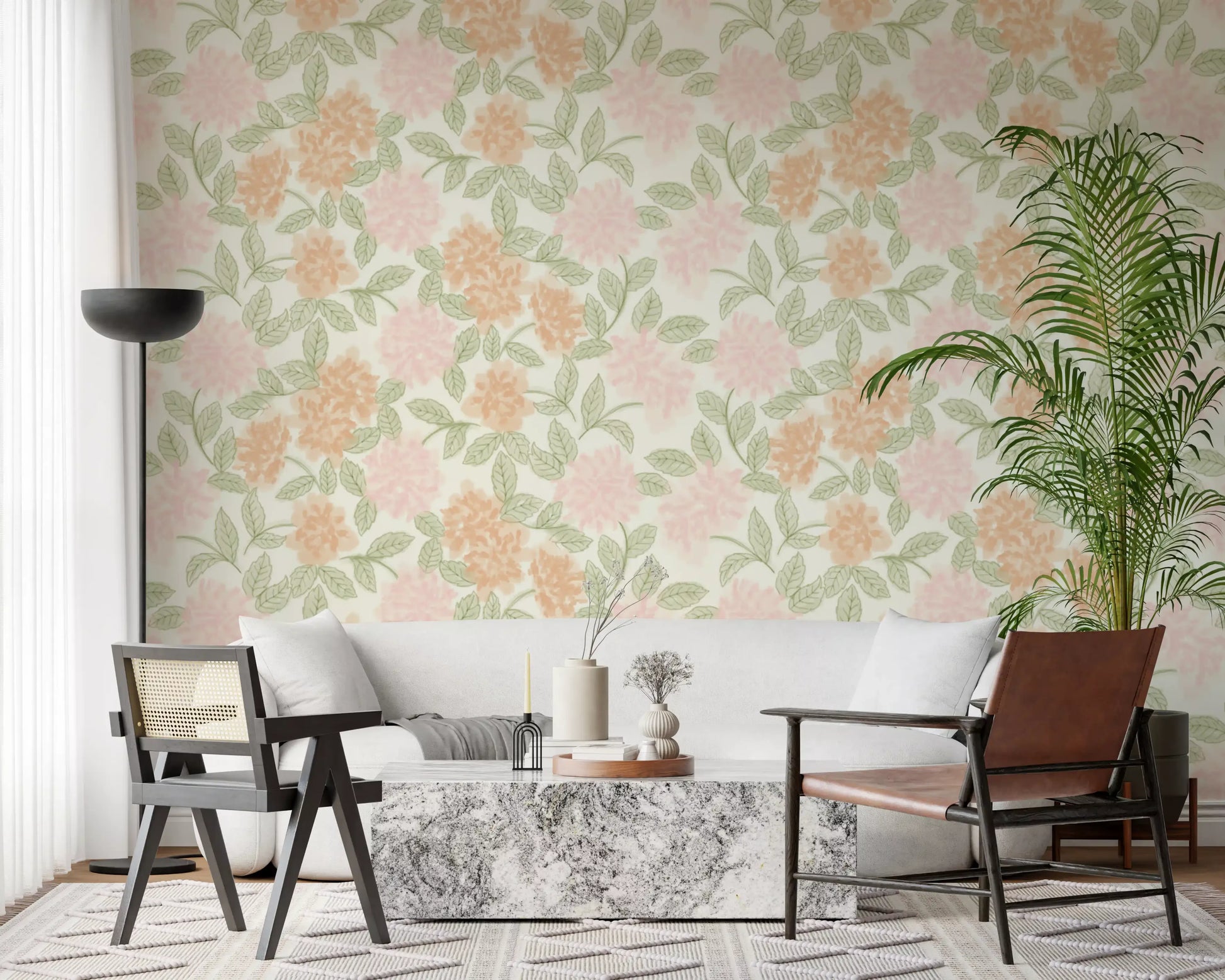Serene Peony and Leaf Bloom Wallpaper⁠