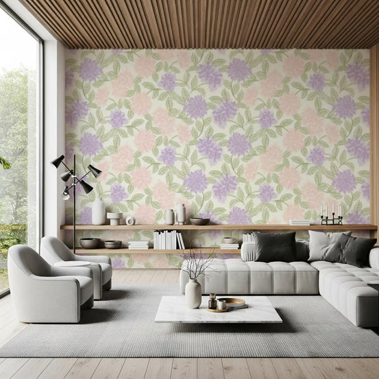 Modern living room in lavender and pink hydrangea wallpaper with grey sofas GD12645
