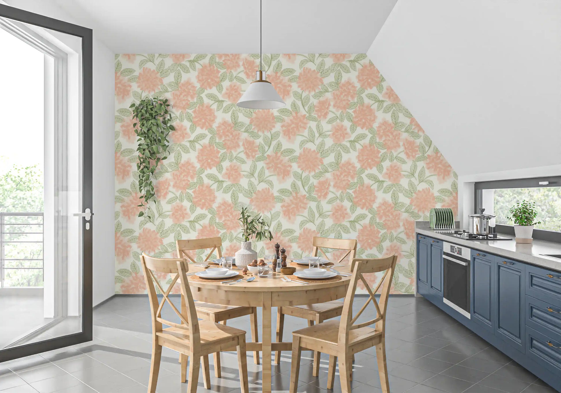 Minimalist Botanical Sage and Peach Garden Wallpaper⁠