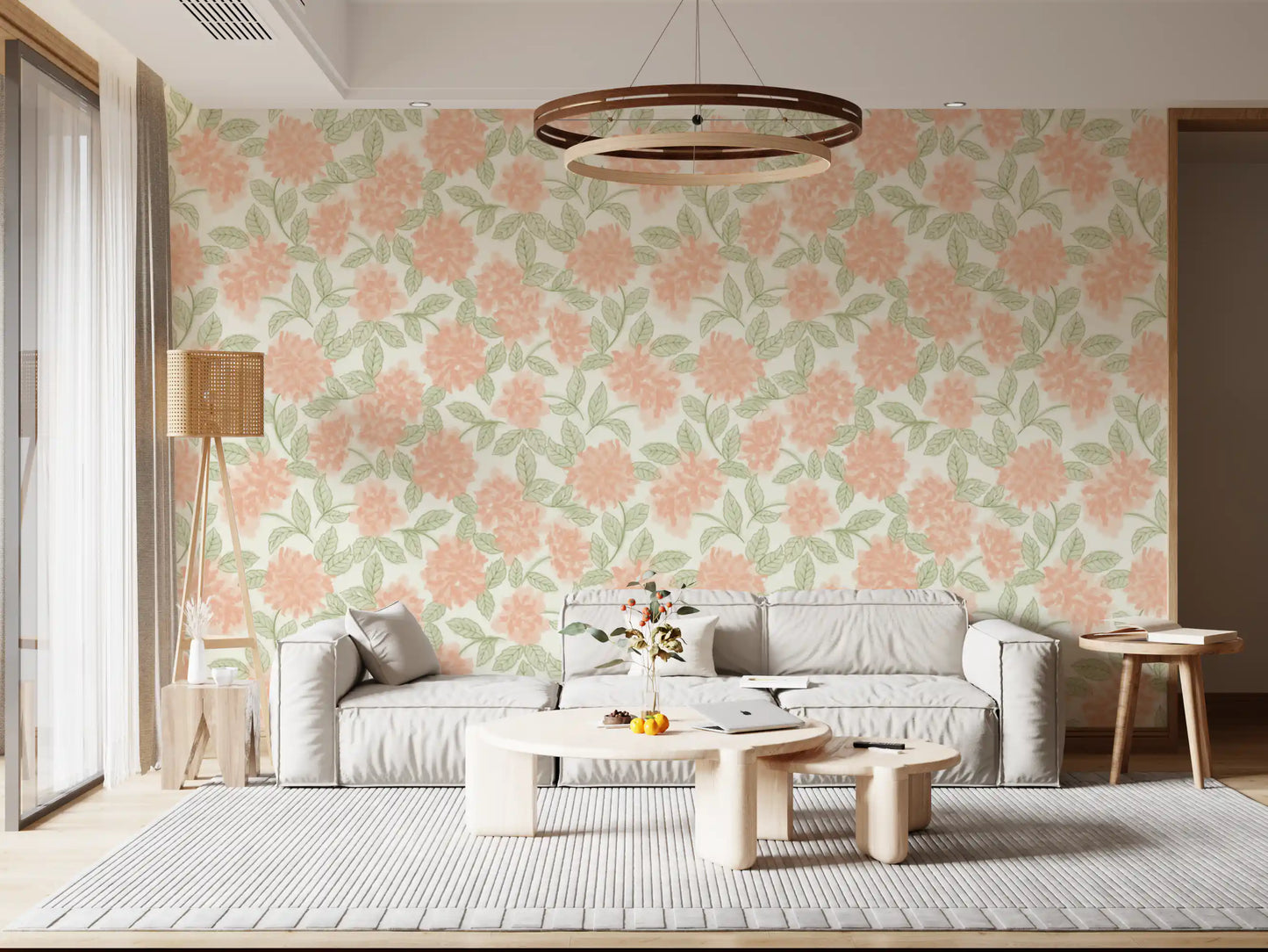 Minimalist Botanical Sage and Peach Garden Wallpaper⁠