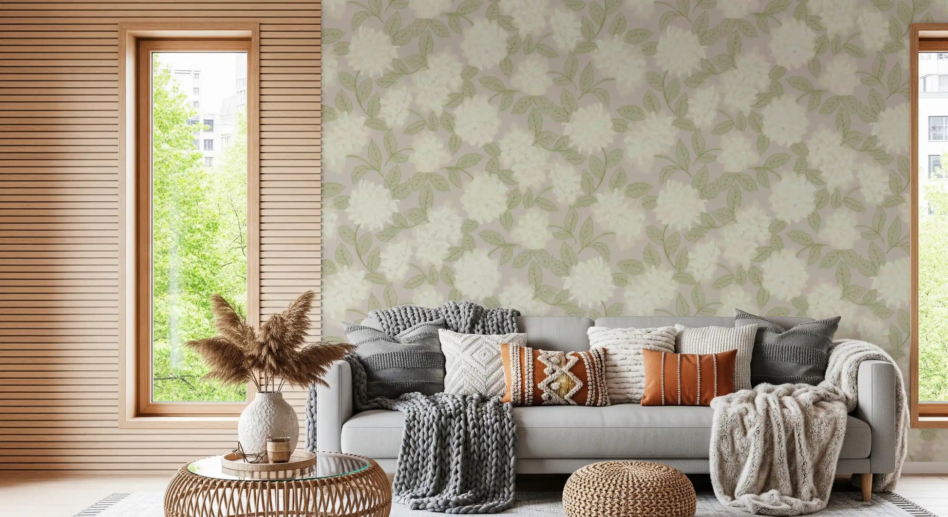 Minimalist Garden Leaf Motif Wallpaper⁠