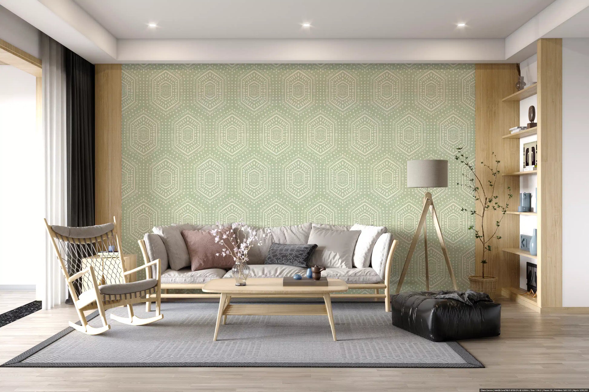 Boho Painted - Abstract Mudcloth Hexagons Tribal Geometric Pattern Chopped Dill Wallpaper⁠