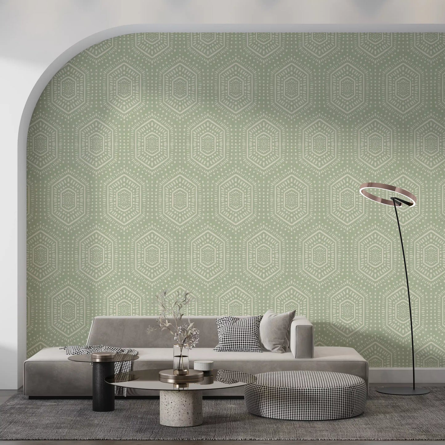 Boho Painted - Abstract Mudcloth Hexagons Tribal Geometric Pattern Chopped Dill Wallpaper⁠