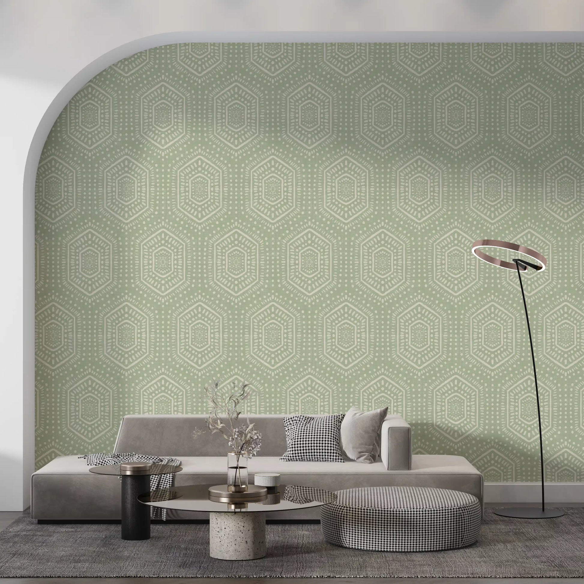 Boho Painted - Abstract Mudcloth Hexagons Tribal Geometric Pattern Chopped Dill Wallpaper⁠