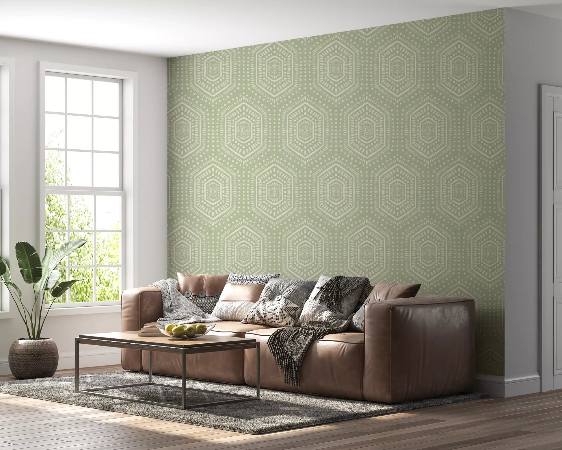 Boho Painted - Abstract Mudcloth Hexagons Tribal Geometric Pattern Chopped Dill Wallpaper⁠