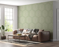 Boho Painted - Abstract Mudcloth Hexagons Tribal Geometric Pattern Chopped Dill Wallpaper⁠