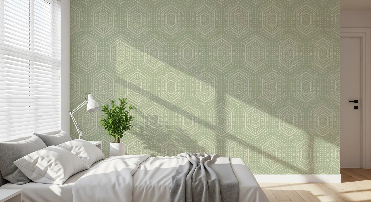 Boho Painted - Abstract Mudcloth Hexagons Tribal Geometric Pattern Chopped Dill Wallpaper⁠