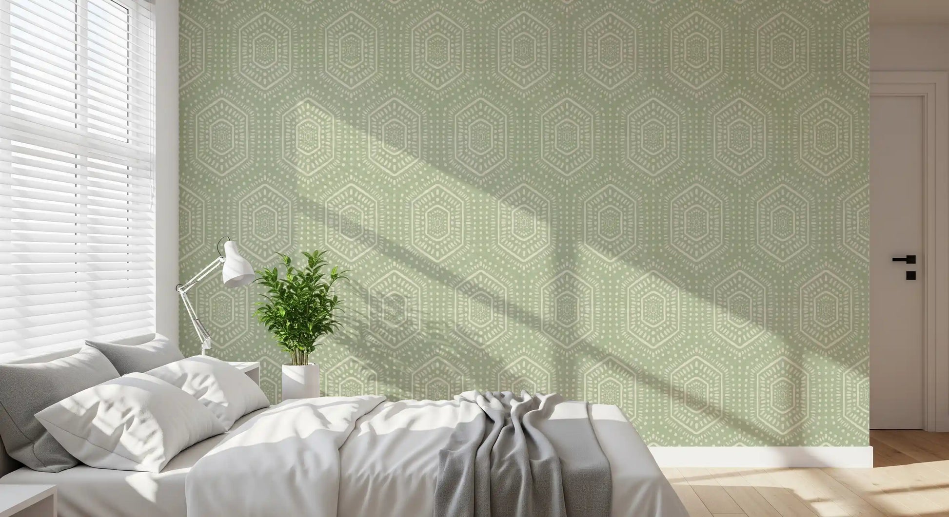 Boho Painted - Abstract Mudcloth Hexagons Tribal Geometric Pattern Chopped Dill Wallpaper⁠