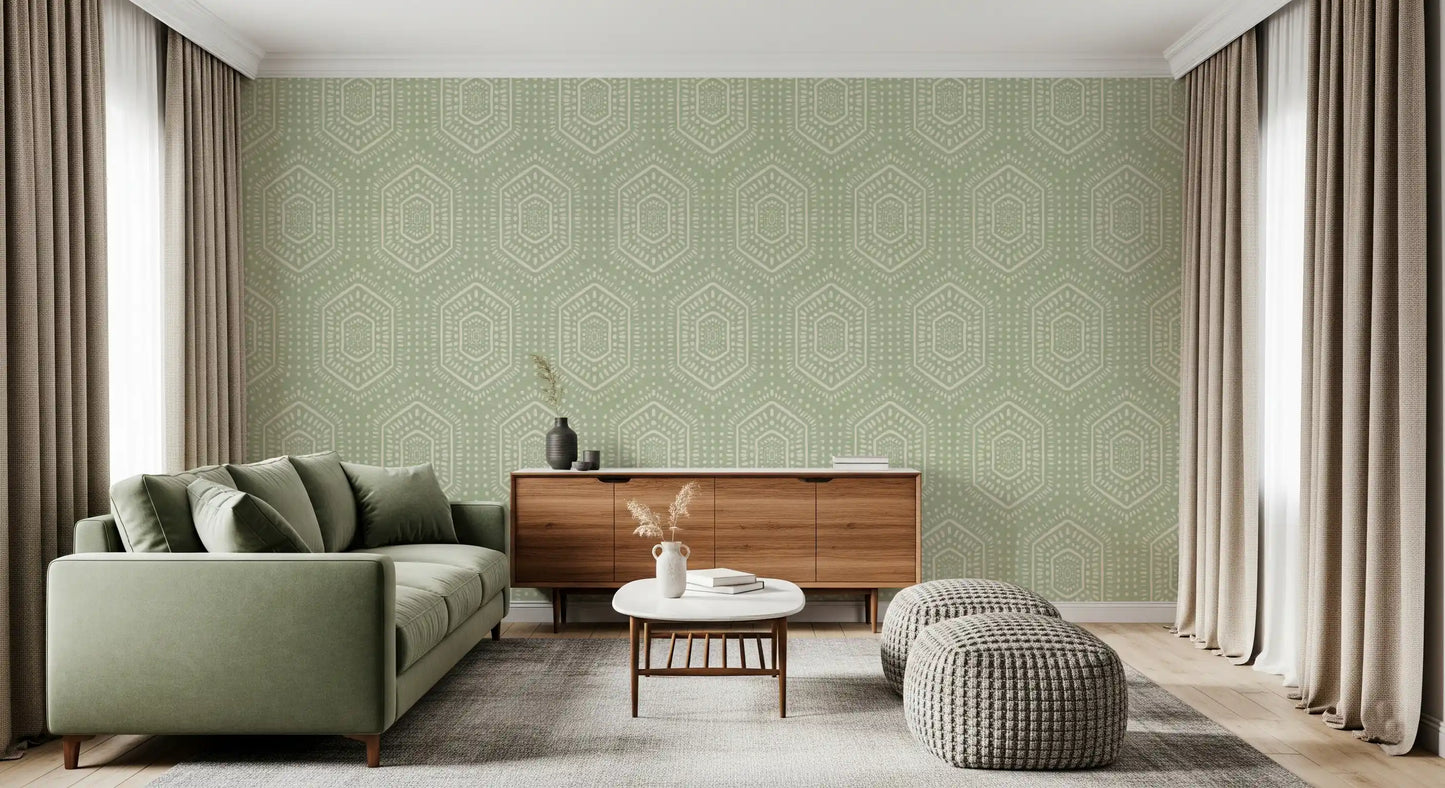 Boho Painted - Abstract Mudcloth Hexagons Tribal Geometric Pattern Chopped Dill Wallpaper⁠