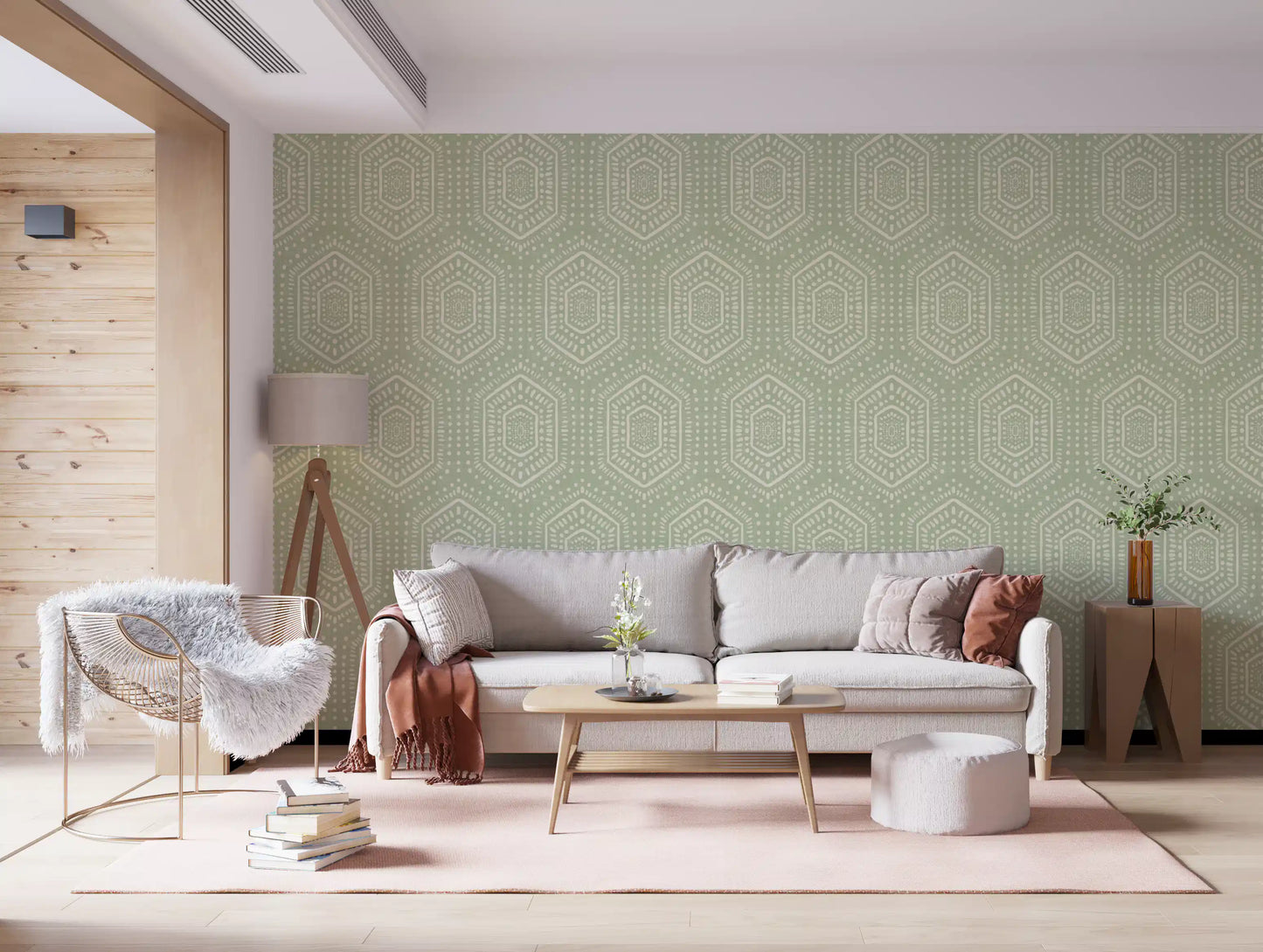 Boho Painted - Abstract Mudcloth Hexagons Tribal Geometric Pattern Chopped Dill Wallpaper⁠