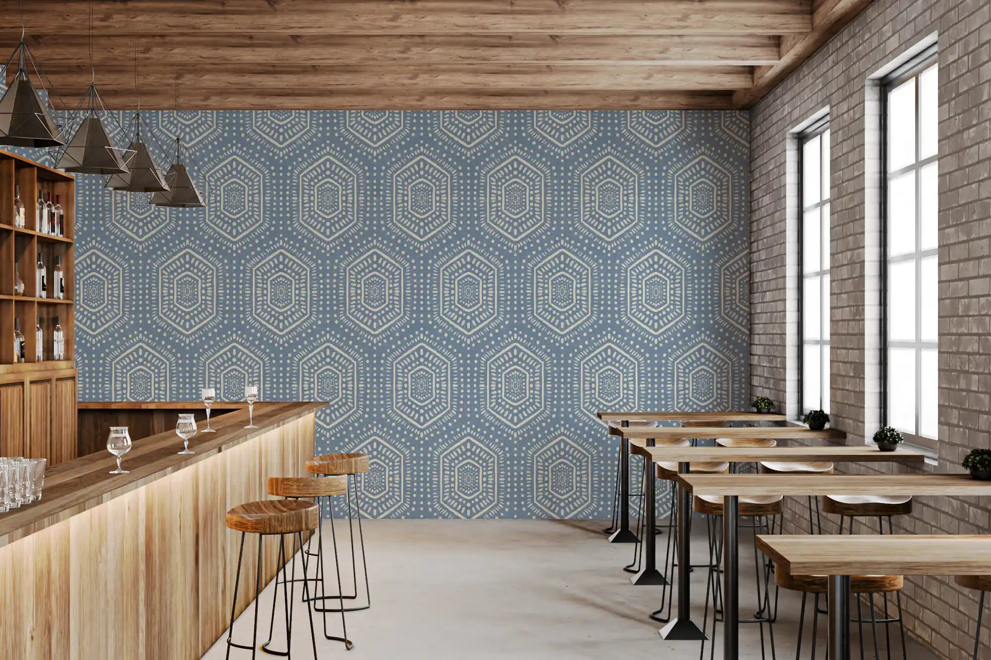 Boho Painted - Abstract Mudcloth Hexagons Tribal Geometric Pattern Jeans Jacket Blue Wallpaper⁠